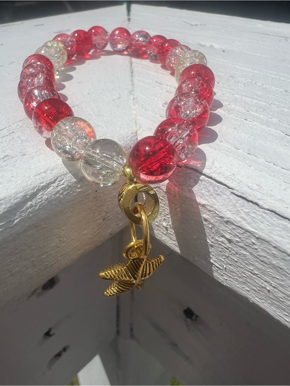 Gold Star Charm Red Sparkling and Clear Glass Beaded Stretch Bracelet